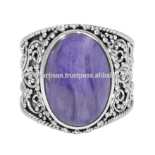 925 Plata de ley Solitario Estilo Vintage Anillo Natural Charoite Gemstone Joyas hechas a mano